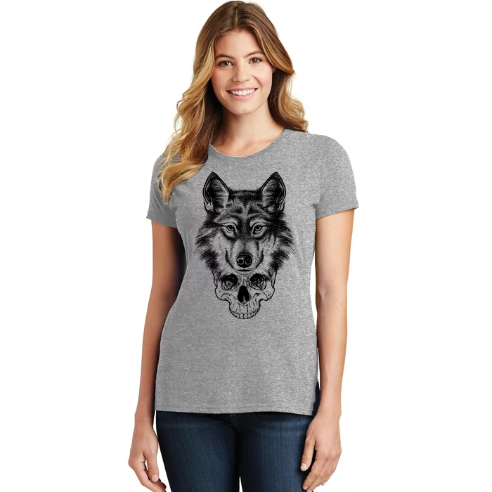 Wolf Head On Skull Graphic Women's T-Shirt