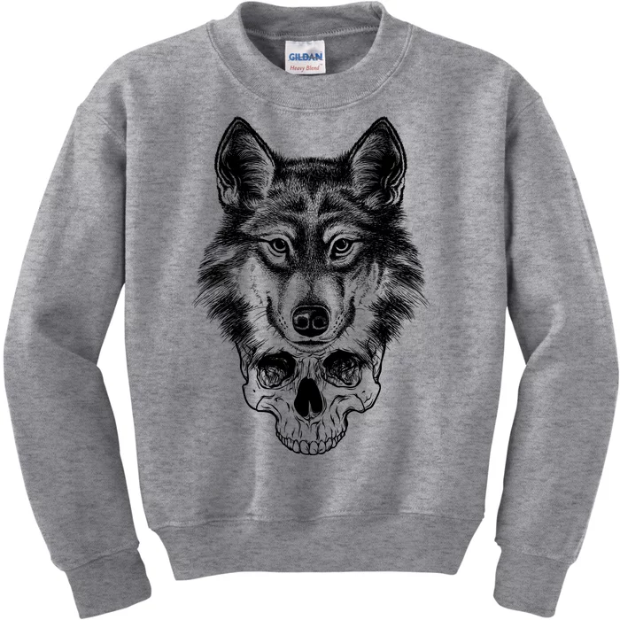 Wolf Head On Skull Graphic Kids Sweatshirt