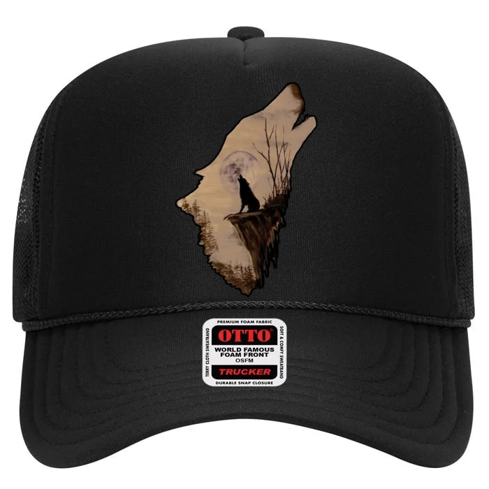 Wolf Howling Alone High Crown Mesh Trucker Hat