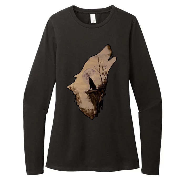 Wolf Howling Alone Womens CVC Long Sleeve Shirt