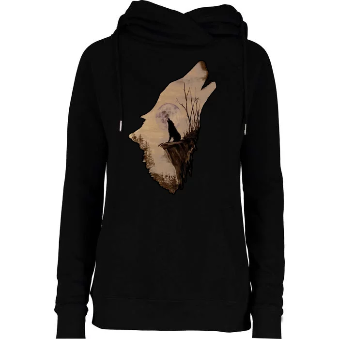 Wolf Howling Alone Womens Funnel Neck Pullover Hood