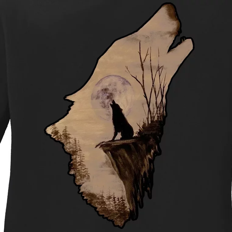 Wolf Howling Alone Ladies Long Sleeve Shirt