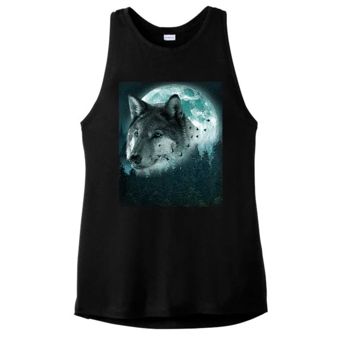 Wolf Moon Forest Wilderness Ladies Tri-Blend Wicking Tank