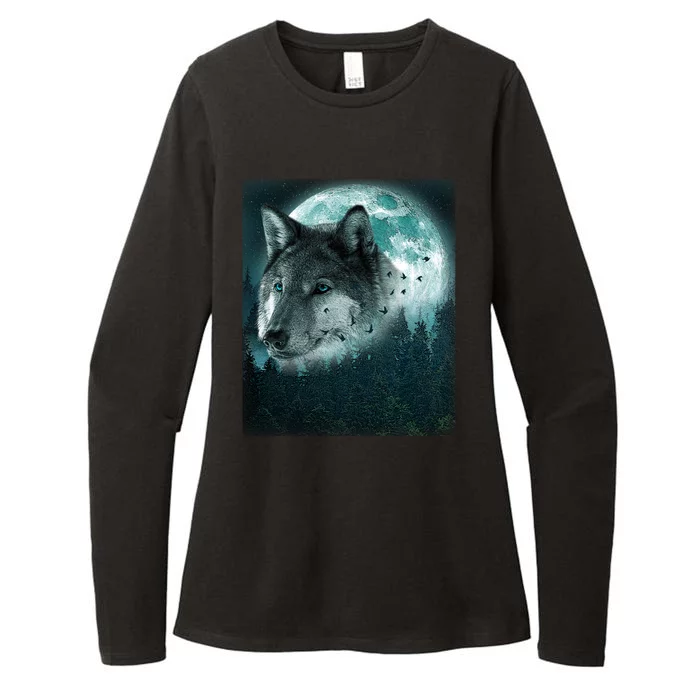 Wolf Moon Forest Wilderness Womens CVC Long Sleeve Shirt