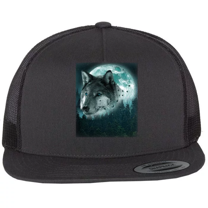 Wolf Moon Forest Wilderness Flat Bill Trucker Hat