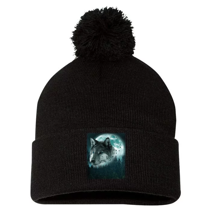 Wolf Moon Forest Wilderness Pom Pom 12in Knit Beanie