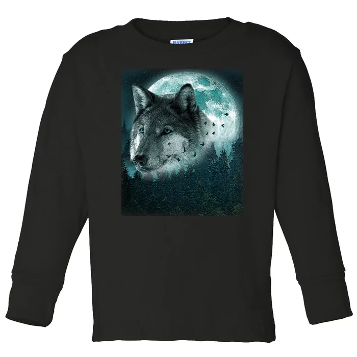 Wolf Moon Forest Wilderness Toddler Long Sleeve Shirt