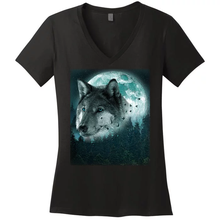 Wolf Moon Forest Wilderness Women's V-Neck T-Shirt