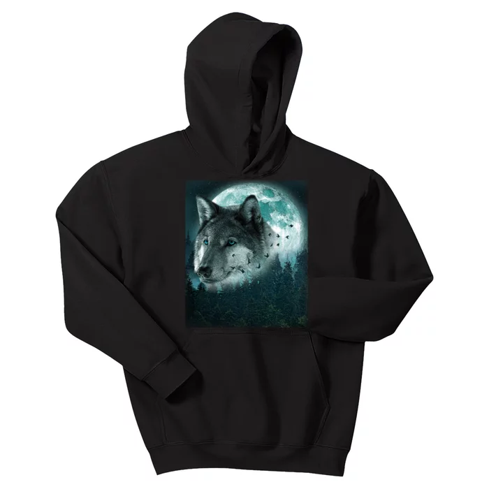 Wolf Moon Forest Wilderness Kids Hoodie