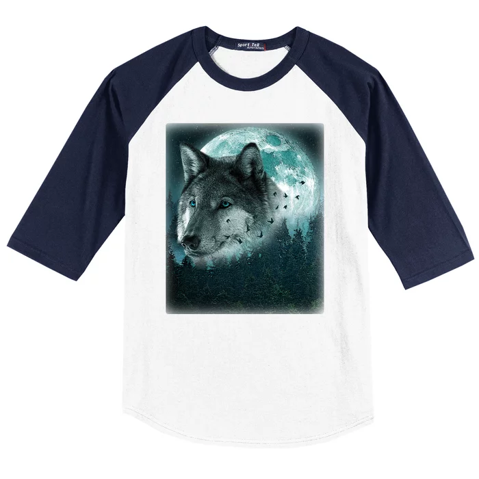 Wolf Moon Forest Wilderness Baseball Sleeve Shirt