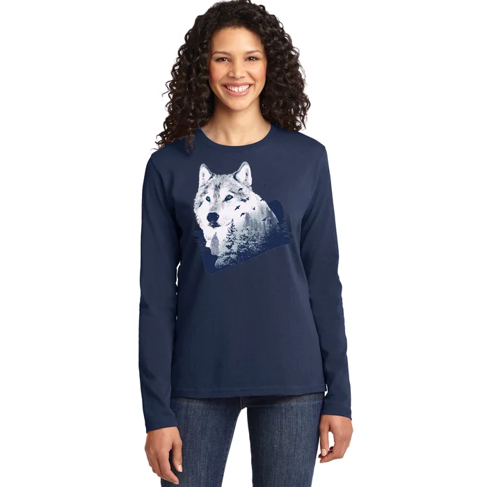 Wolf Wilderness Forest Ladies Long Sleeve Shirt