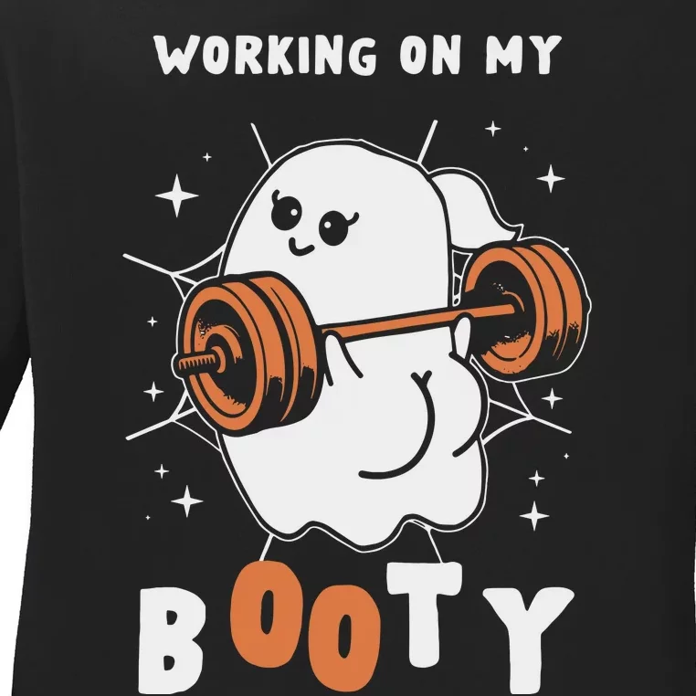 Working On My Booty Halloween Gym Cute Boo Ghost Fitness Ladies Long Sleeve Shirt