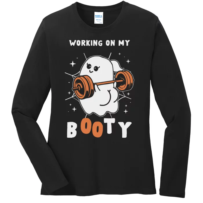 Working On My Booty Halloween Gym Cute Boo Ghost Fitness Ladies Long Sleeve Shirt