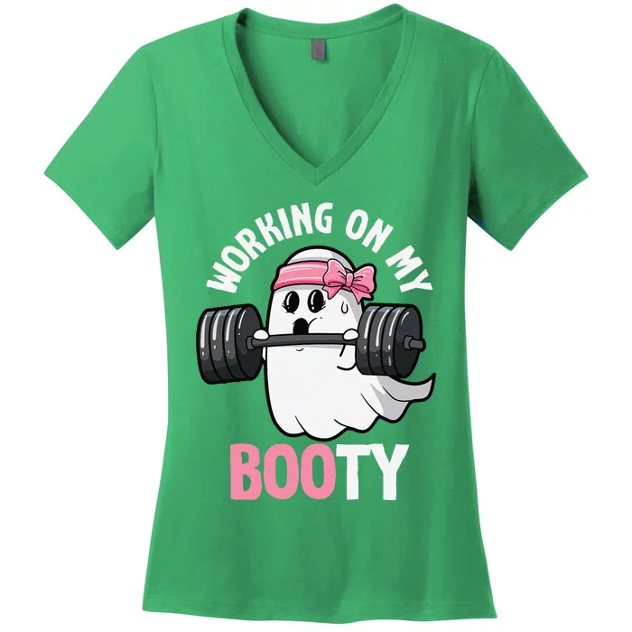 Working On My Booty Spooky Halloween Ghost Gym Workout Pun Women's V-Neck T-Shirt