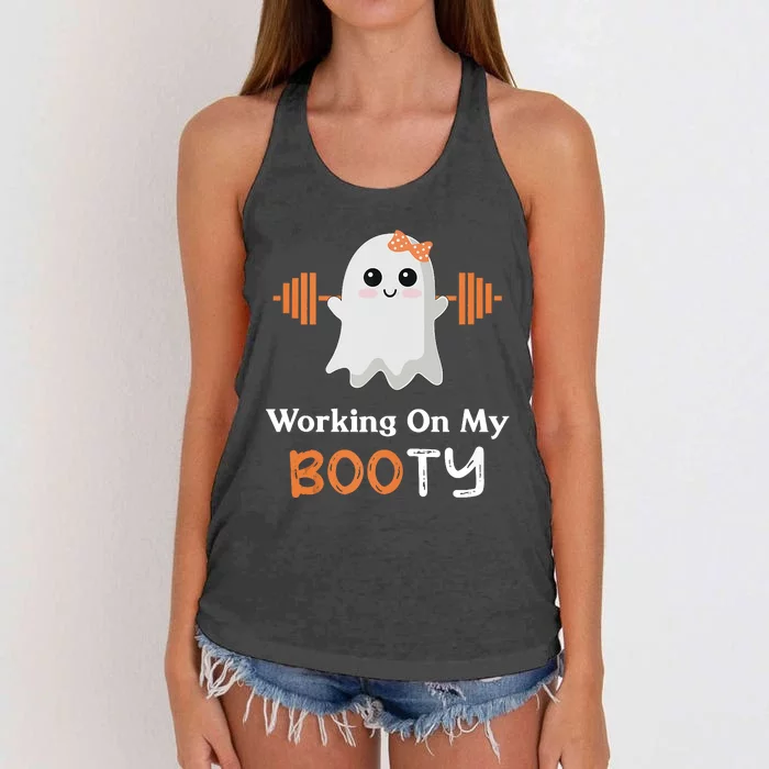 Working On My Booty Funny Halloween Gym Ghost Booty Pun Women's Knotted Racerback Tank