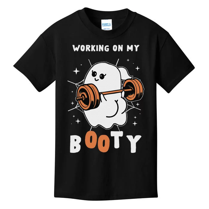 Working On My Booty Halloween Gym Cute Boo Ghost Fitness Kids T-Shirt