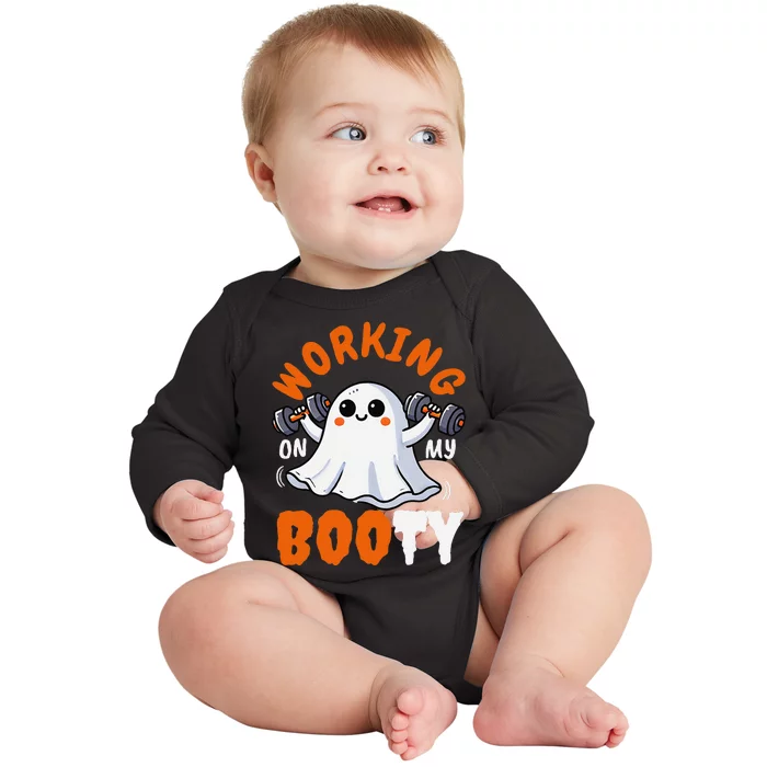 Working On My Booty Booty Funny Halloween Gym Ghost Pun Baby Long Sleeve Bodysuit