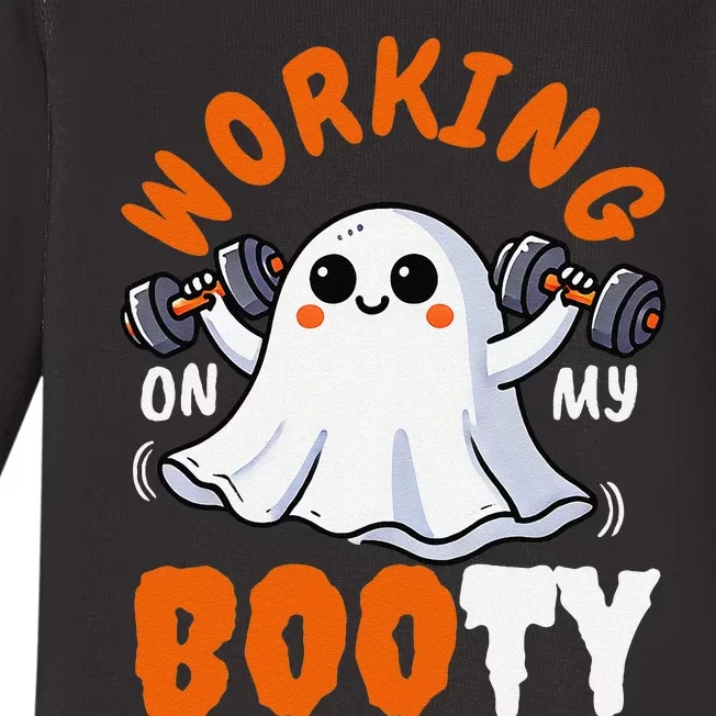 Working On My Booty Booty Funny Halloween Gym Ghost Pun Baby Long Sleeve Bodysuit