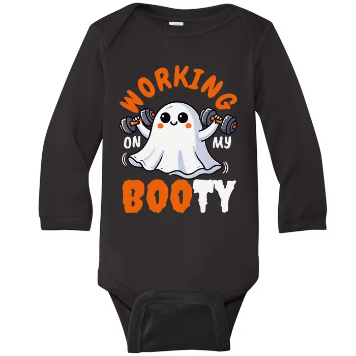 Working On My Booty Booty Funny Halloween Gym Ghost Pun Baby Long Sleeve Bodysuit