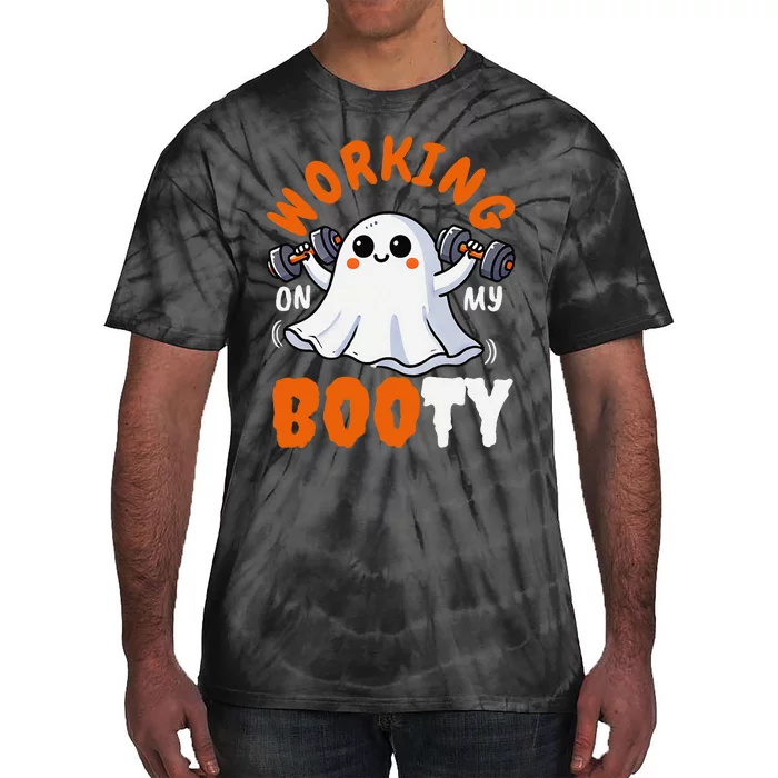 Working On My Booty Booty Funny Halloween Gym Ghost Pun Tie-Dye T-Shirt