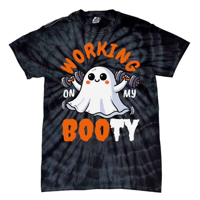 Working On My Booty Booty Funny Halloween Gym Ghost Pun Tie-Dye T-Shirt