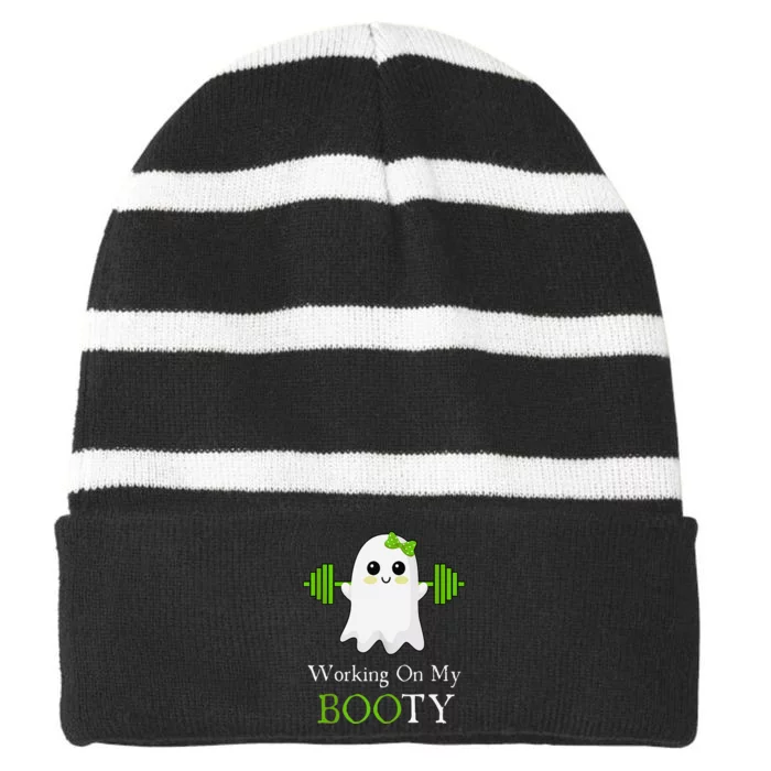 Working On My Booty Ghost Halloween Gym Humor Bodybuilder Striped Beanie with Solid Band