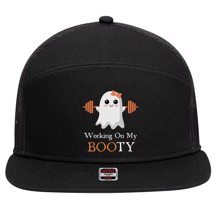 Working On My Booty BooTy Funny Halloween Gym Ghost Pun 7 Panel Mesh Trucker Snapback Hat