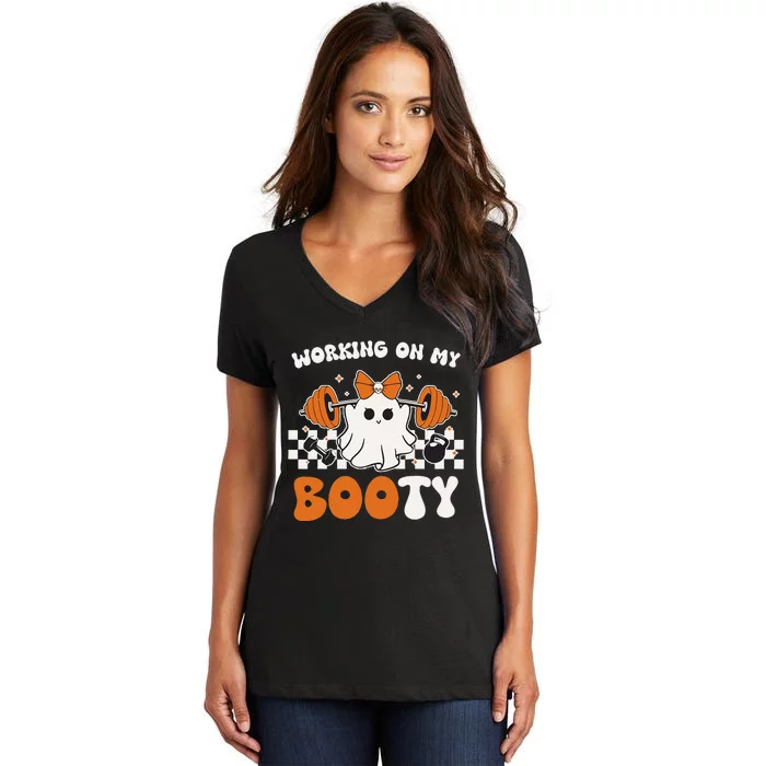 Working On My Booty Gymer Ghost Working Out Halloween Women's V-Neck T-Shirt