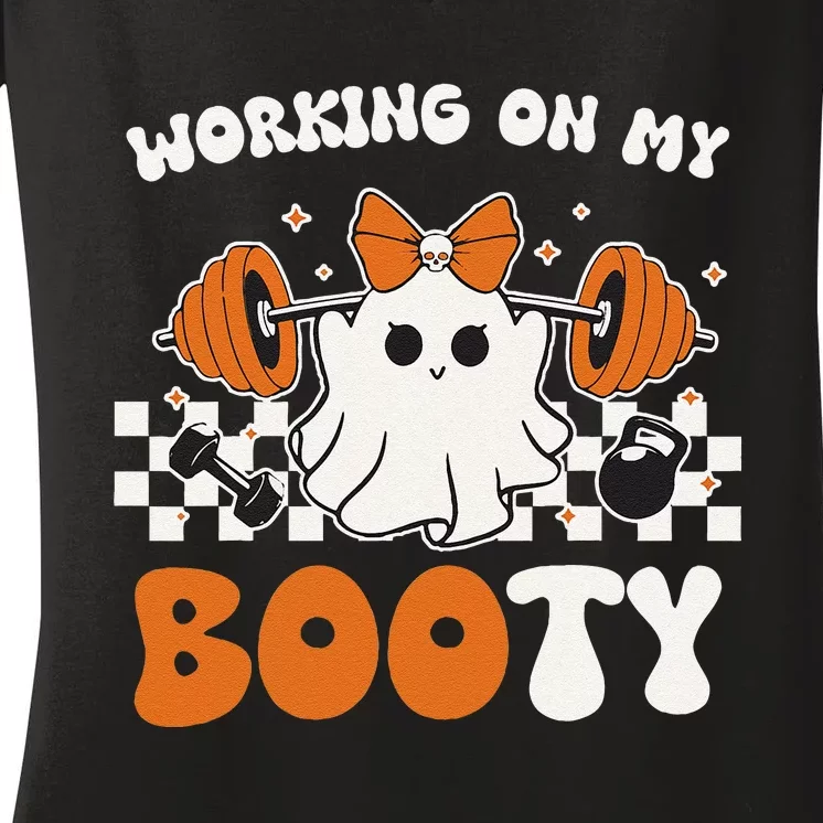 Working On My Booty Gymer Ghost Working Out Halloween Women's V-Neck T-Shirt