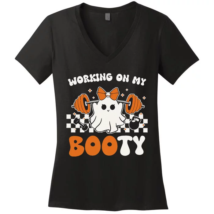 Working On My Booty Gymer Ghost Working Out Halloween Women's V-Neck T-Shirt