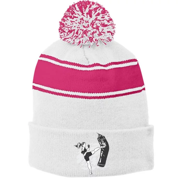 Woman High Kick Boxing Stripe Pom Pom Beanie