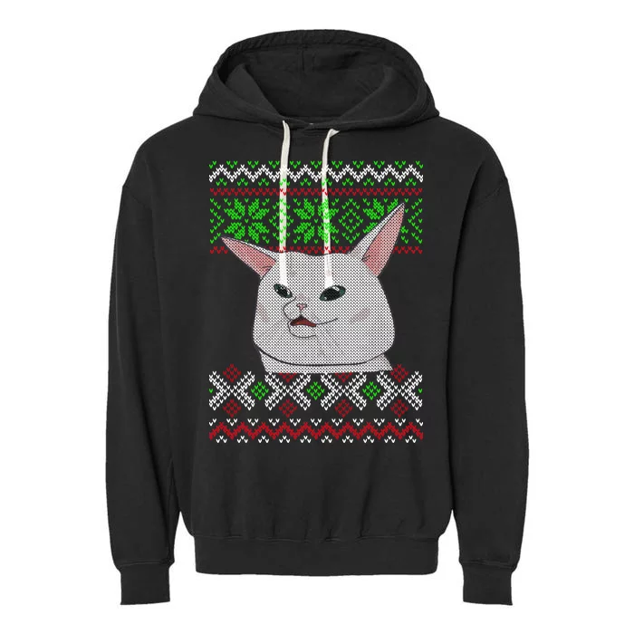 Woman Yelling At A Cat Ugly Christmas Sweater Meme Garment-Dyed Fleece Hoodie