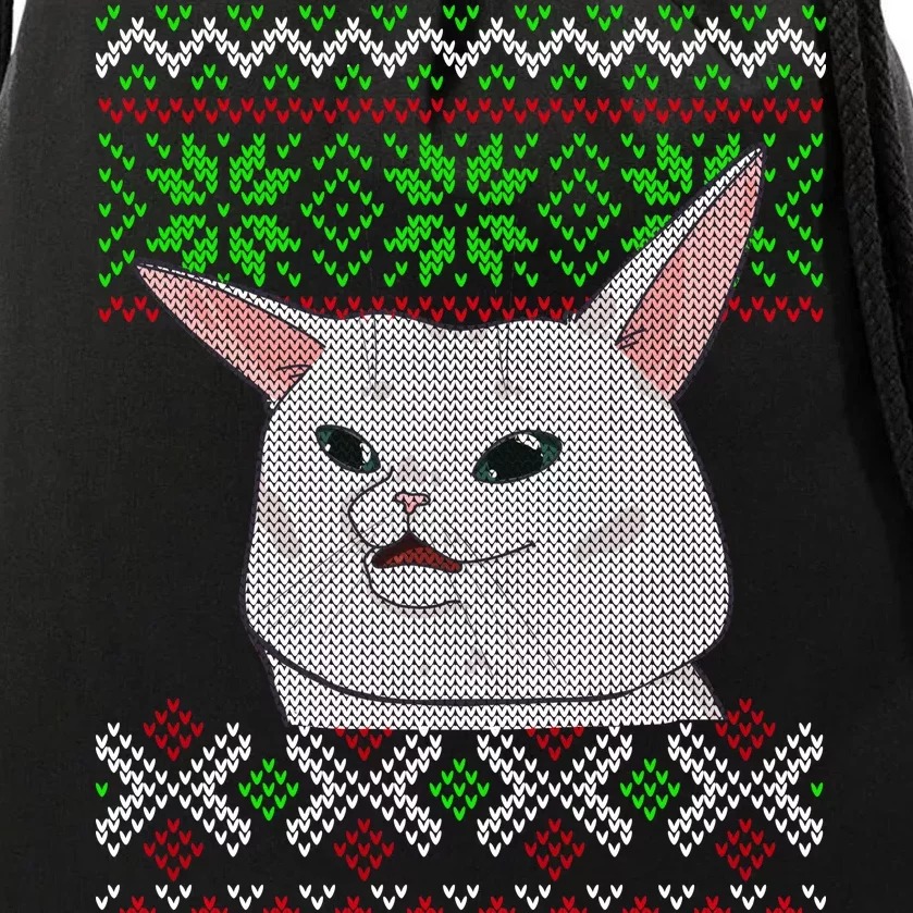 Woman Yelling At A Cat Ugly Christmas Sweater Meme Drawstring Bag