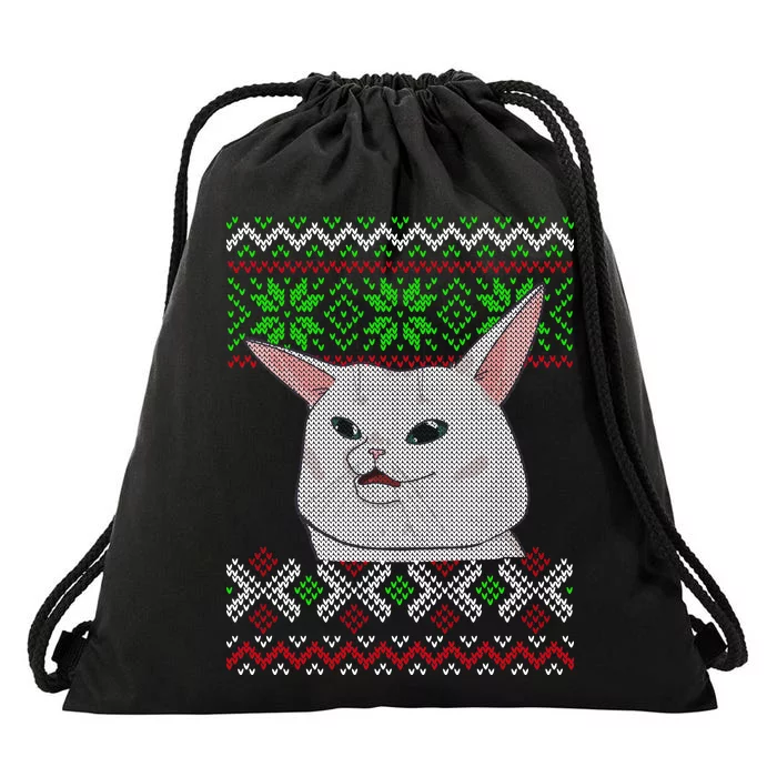 Woman Yelling At A Cat Ugly Christmas Sweater Meme Drawstring Bag