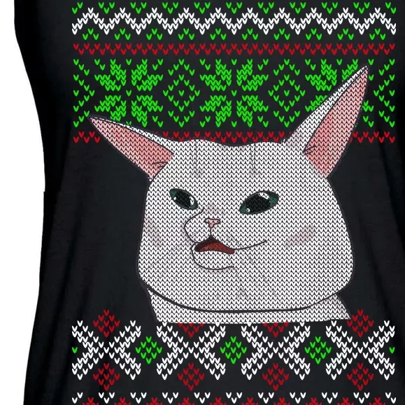 Woman Yelling At A Cat Ugly Christmas Sweater Meme Ladies Essential Flowy Tank