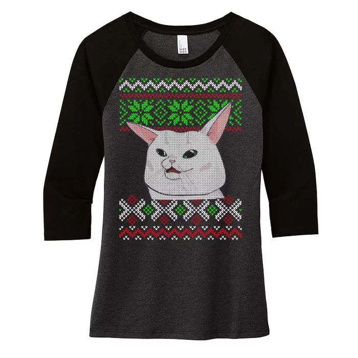 Woman Yelling At A Cat Ugly Christmas Sweater Meme Women's Tri-Blend 3/4-Sleeve Raglan Shirt