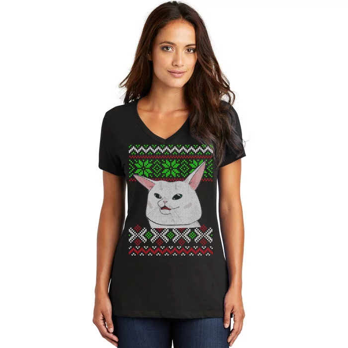 Woman Yelling At A Cat Ugly Christmas Sweater Meme Women's V-Neck T-Shirt