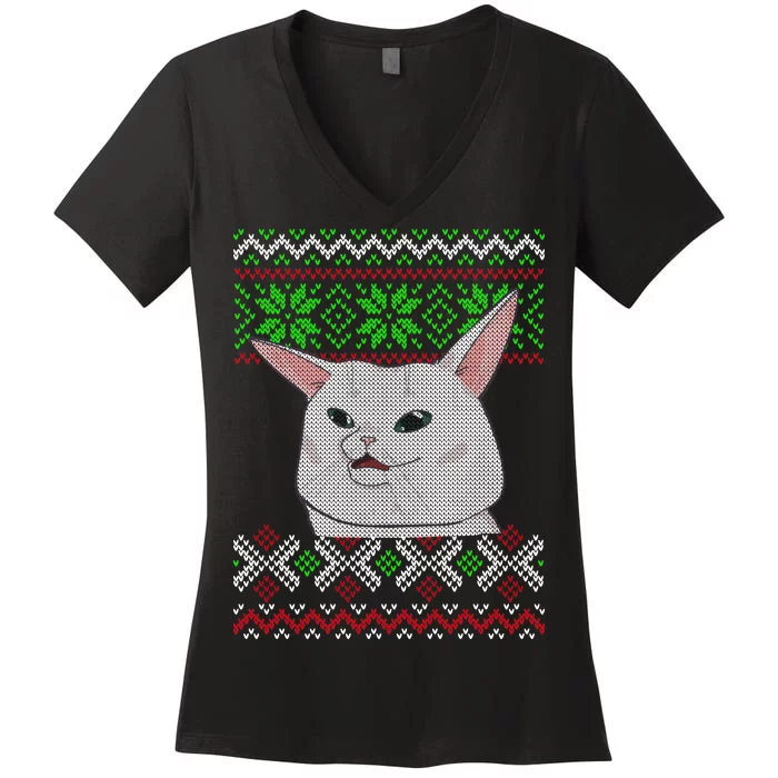 Woman Yelling At A Cat Ugly Christmas Sweater Meme Women's V-Neck T-Shirt