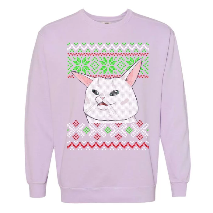 Woman Yelling At A Cat Ugly Christmas Sweater Meme Garment-Dyed Sweatshirt