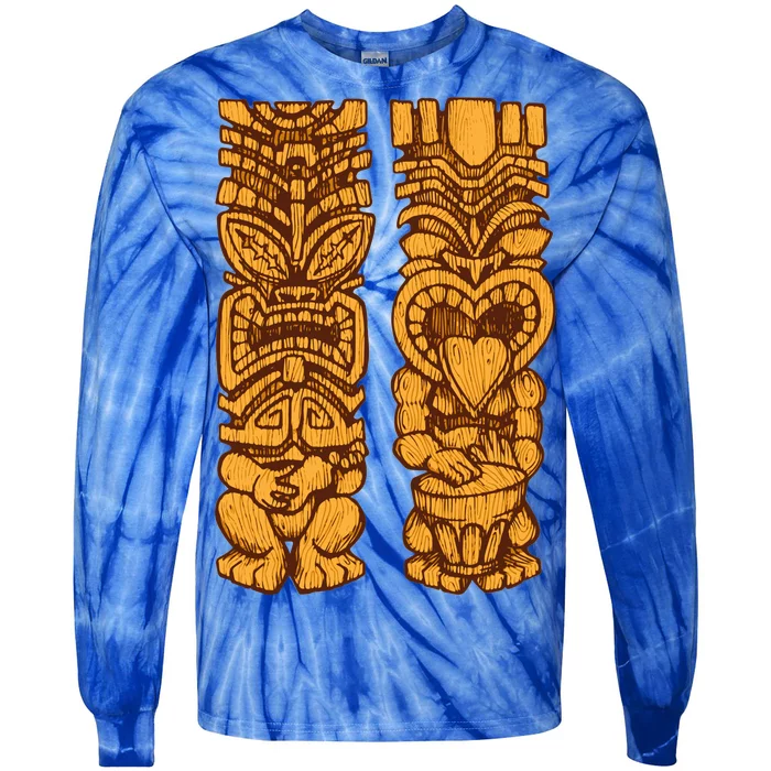 Wooden statues of Tiki with ukulele and drum Tie-Dye Long Sleeve Shirt