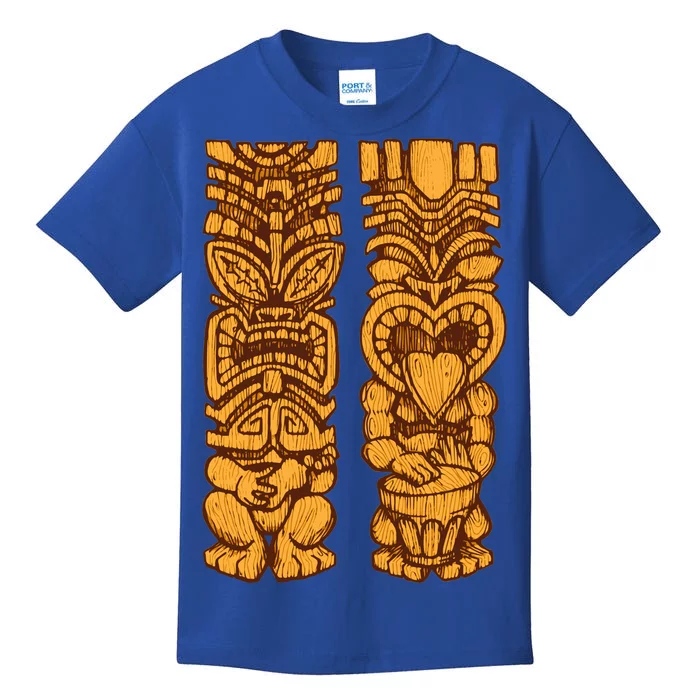 Wooden statues of Tiki with ukulele and drum Kids T-Shirt