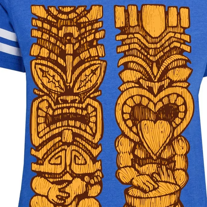 Wooden statues of Tiki with ukulele and drum Enza Ladies Jersey Football T-Shirt