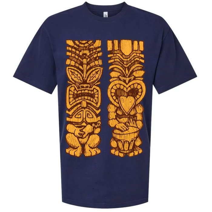 Wooden statues of Tiki with ukulele and drum Sueded Cloud Jersey T-Shirt