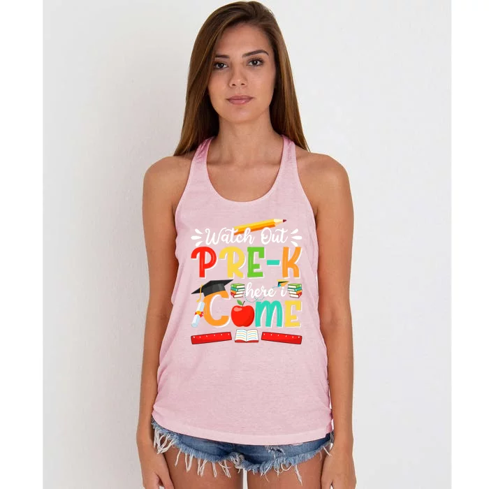 Watch Out PreK Here I Come PreK Gift Women's Knotted Racerback Tank