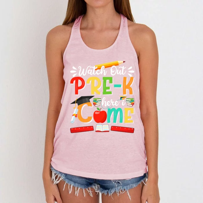 Watch Out PreK Here I Come PreK Gift Women's Knotted Racerback Tank