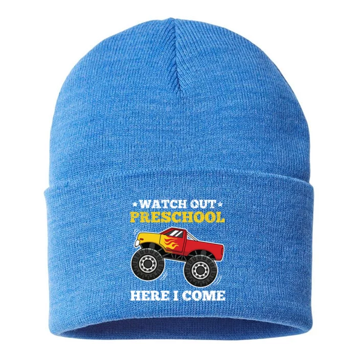 Watch Out Preschool Here I Come Back To School Monster Truck Gift Sustainable Knit Beanie