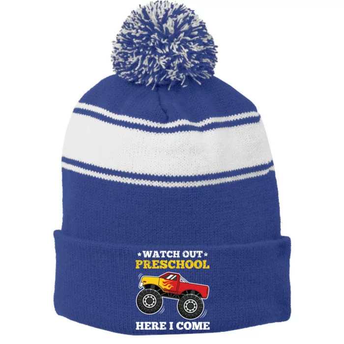 Watch Out Preschool Here I Come Back To School Monster Truck Gift Stripe Pom Pom Beanie