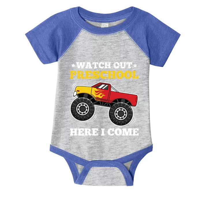 Watch Out Preschool Here I Come Back To School Monster Truck Gift Infant Baby Jersey Bodysuit