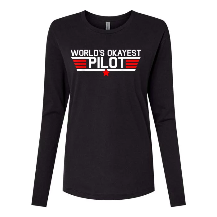 Worlds Okayest Pilot Funny Aviator Aviation Flying Mens Womens Cotton Relaxed Long Sleeve T-Shirt