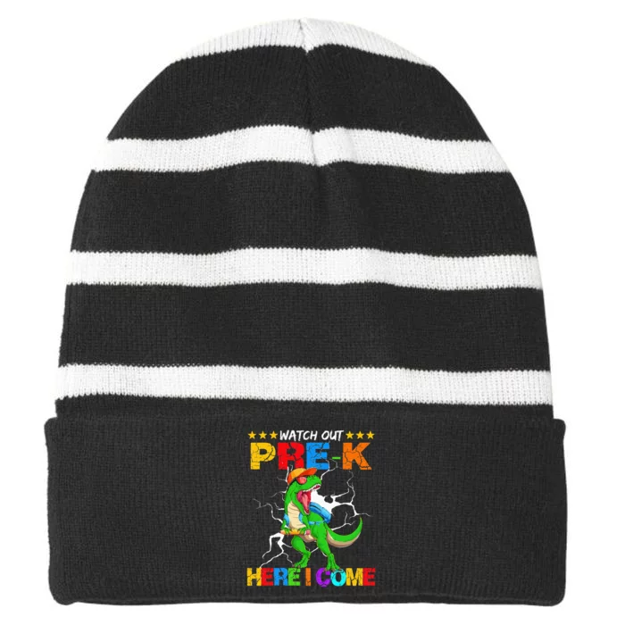 Watch Out Prek Here I Come Dinosaur Back To School Striped Beanie with Solid Band